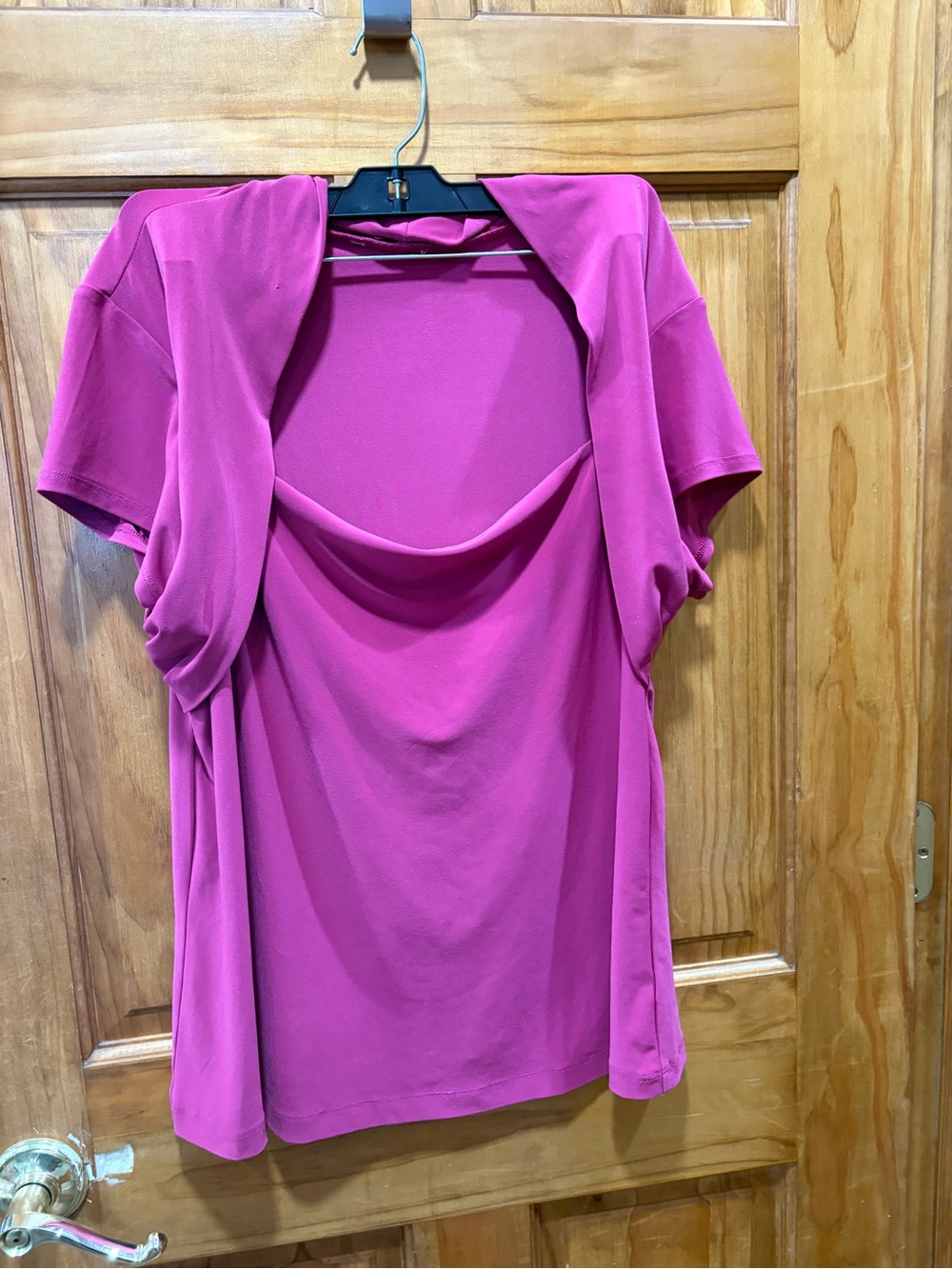 Draped Neck Short Sleeve Blouse - Fuchsia